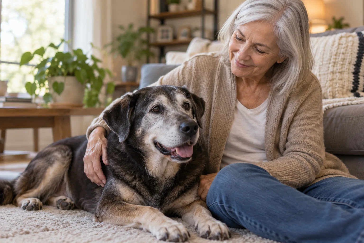 Owner sitting on the floor beside a gray-muzzled dog