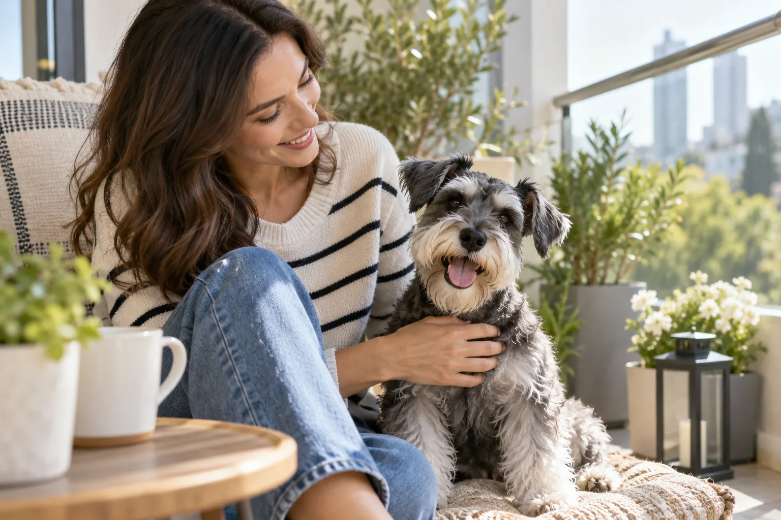 Owner seated outdoors beside a gray-and-white dog